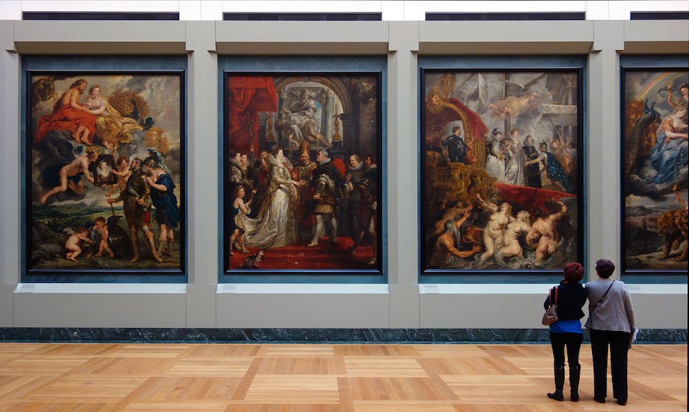 Peter Paul Rubens, three paintings from the 24-picture cycle Rubens painted for the Medici Gallery in the Luxembourg Palace, Paris. From left to right: Peter Paul Rubens, The Presentation of the Portrait of Marie de’ Medici, The Wedding by Proxy of Marie de’ Medici to King Henry IV, Arrival (or Disembarkation) of Marie de’ Medici at Marseilles, 1621–25, oil on canvas (Musée du Louvre, Paris; photo: Steven Zucker, CC BY-NC-SA 2.0)