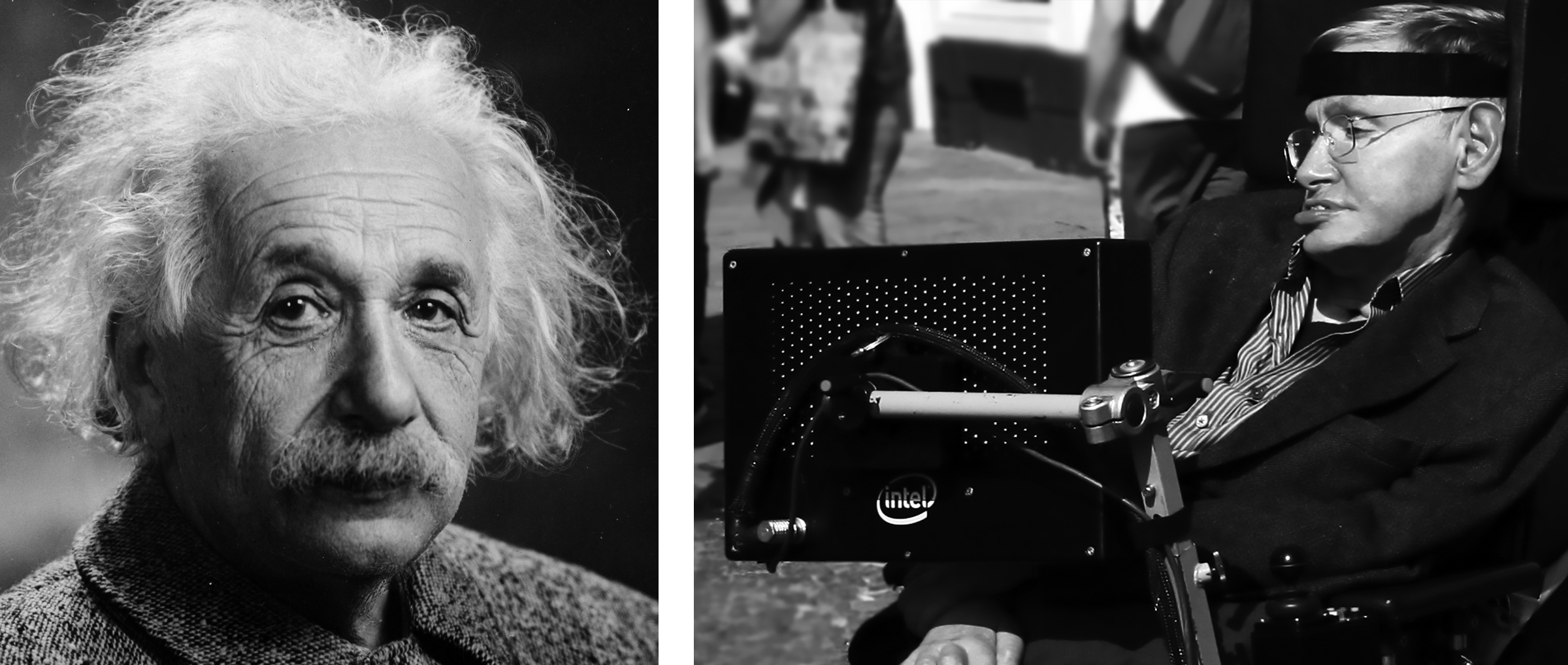 From left to right: headshot of Albert Einstein; photo of Stephen Hawking sitting in his motorized wheelchair while outside.