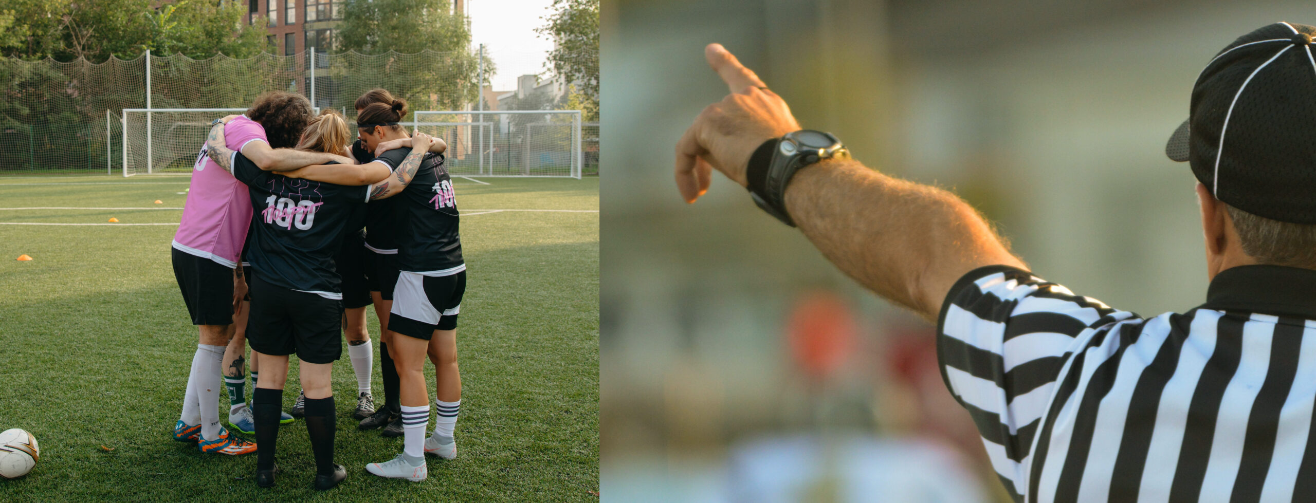 Left picture: soccer players in a huddle on the pitch; right picture: an umpire in a black-striped shirt points with his raised left hand.