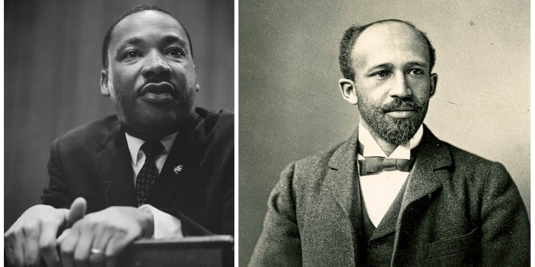 On left, portrait of the Rev. Martin Luther King Jr. with his hands on a lectern; on right, portrait of W. E. B. Du Bois.