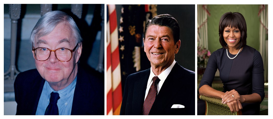 Portraits of Daniel Patrick Moynihan, Ronald Reagan, and Michelle Obama.