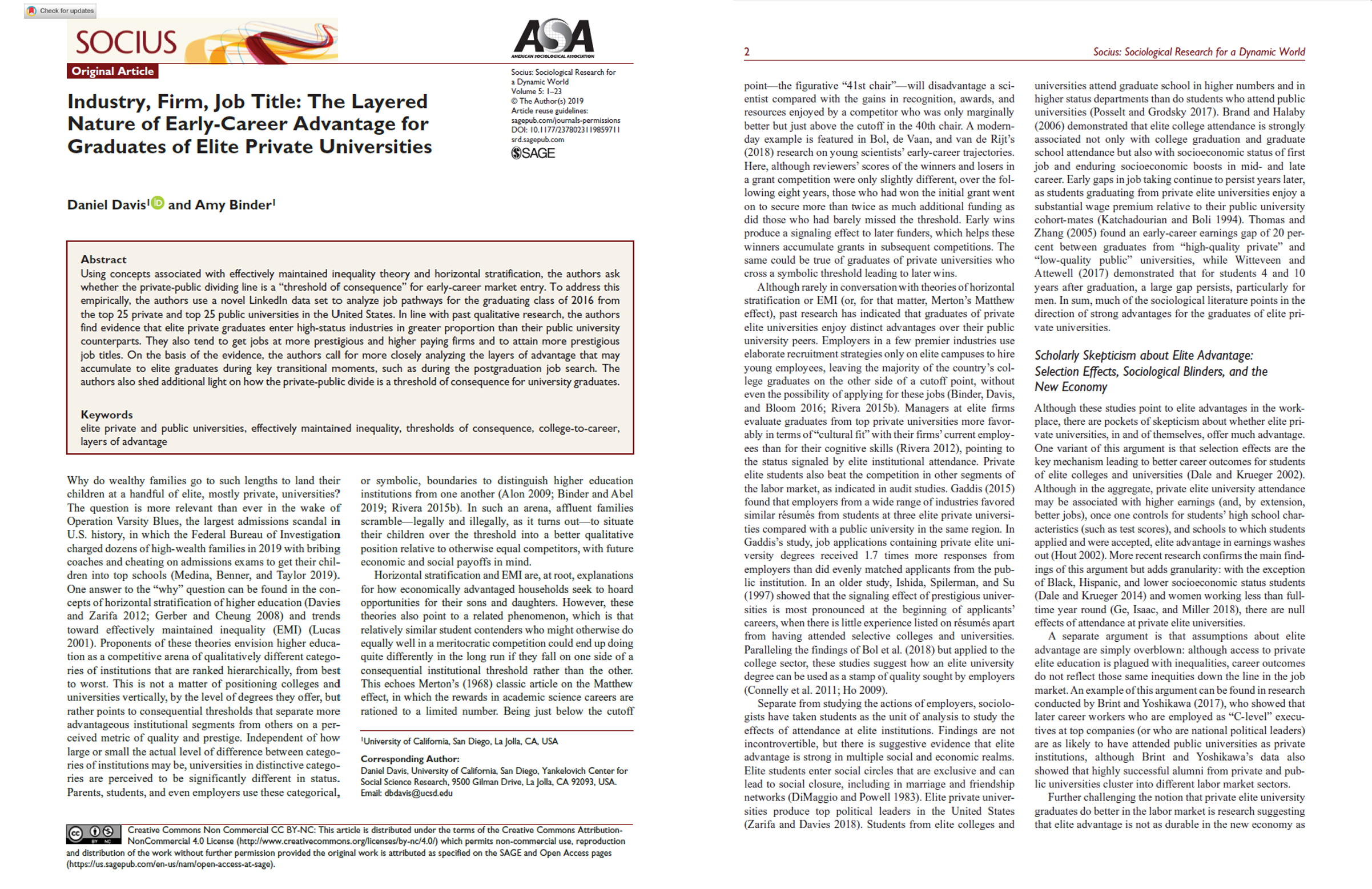 First two pages of the article “Industry, Firm, Job Title: The Layered Nature of Early-Career Advantage for Graduates of Elite Private Universities” (Davis and Binder 2019).
