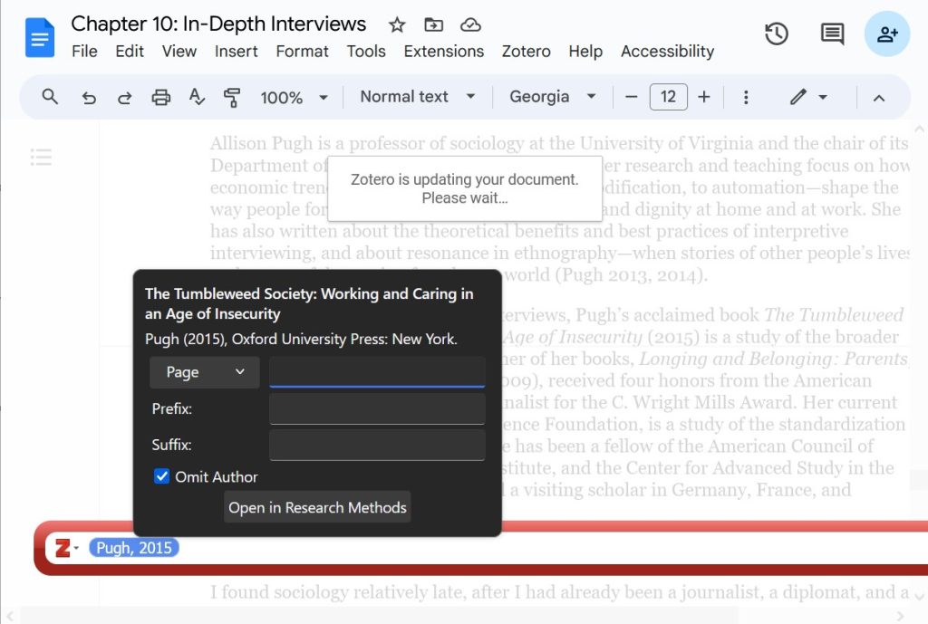 Google Docs document with a Zotero citation being edited