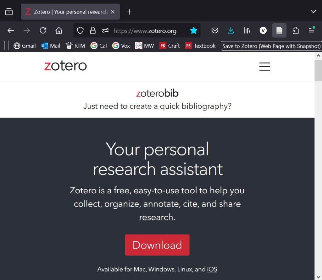 Zotero homepage with Zotero button highlighted