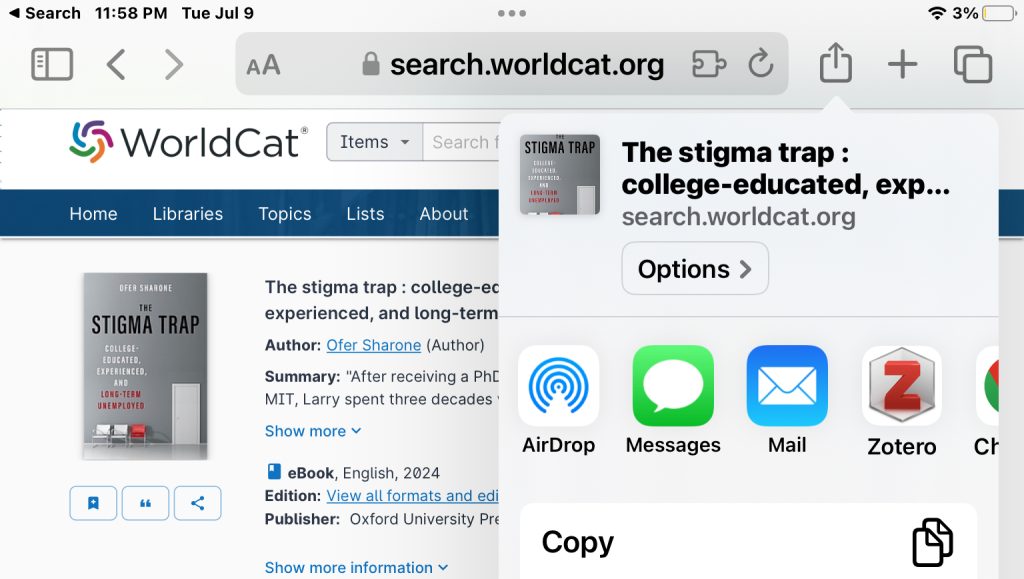 A Safari browser screen on an iPad showing a WorldCat.org page for the book The Stigma Trap being shared to the Zotero app