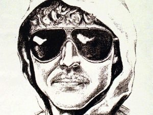 Sketch of the Unabomber, Ted Kaczynski, wearing a hoodie and aviator sunglasses.