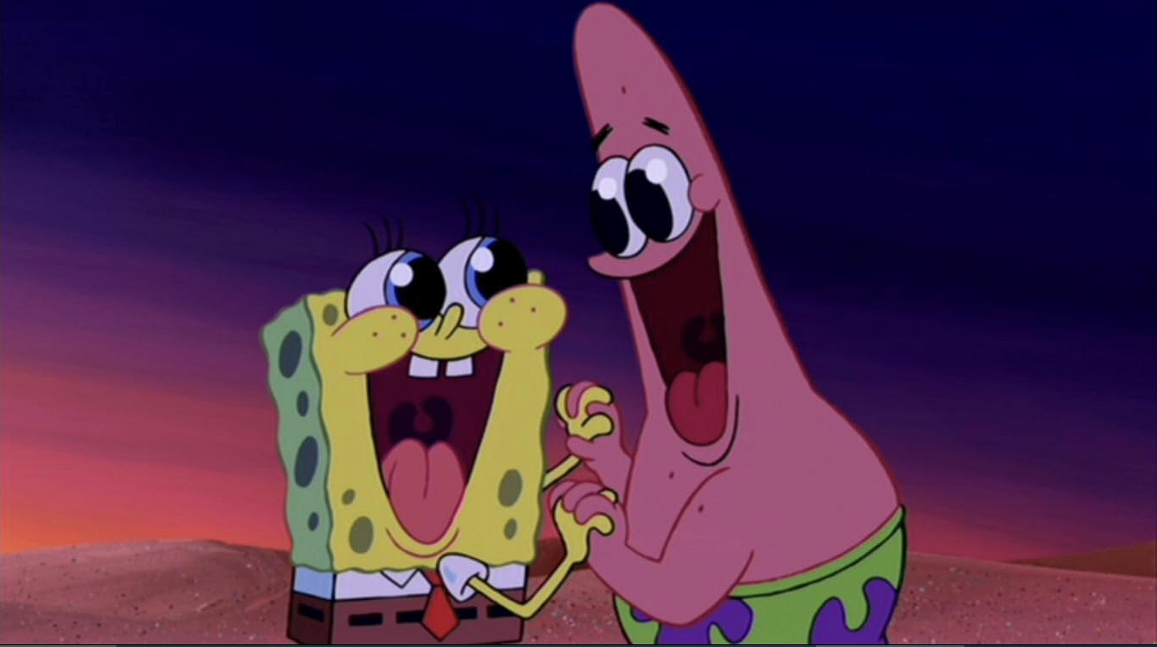 Cartoon characters SpongeBob SquarePants and Patrick Star hold hands while smiling.