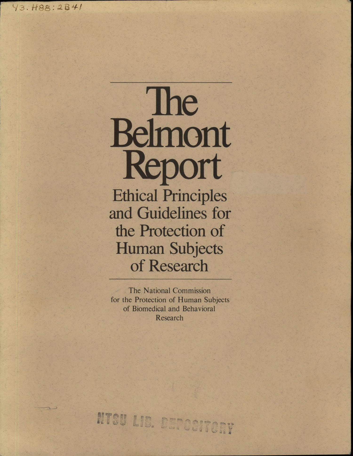 Title page of an original archived copy of the Belmont Report.