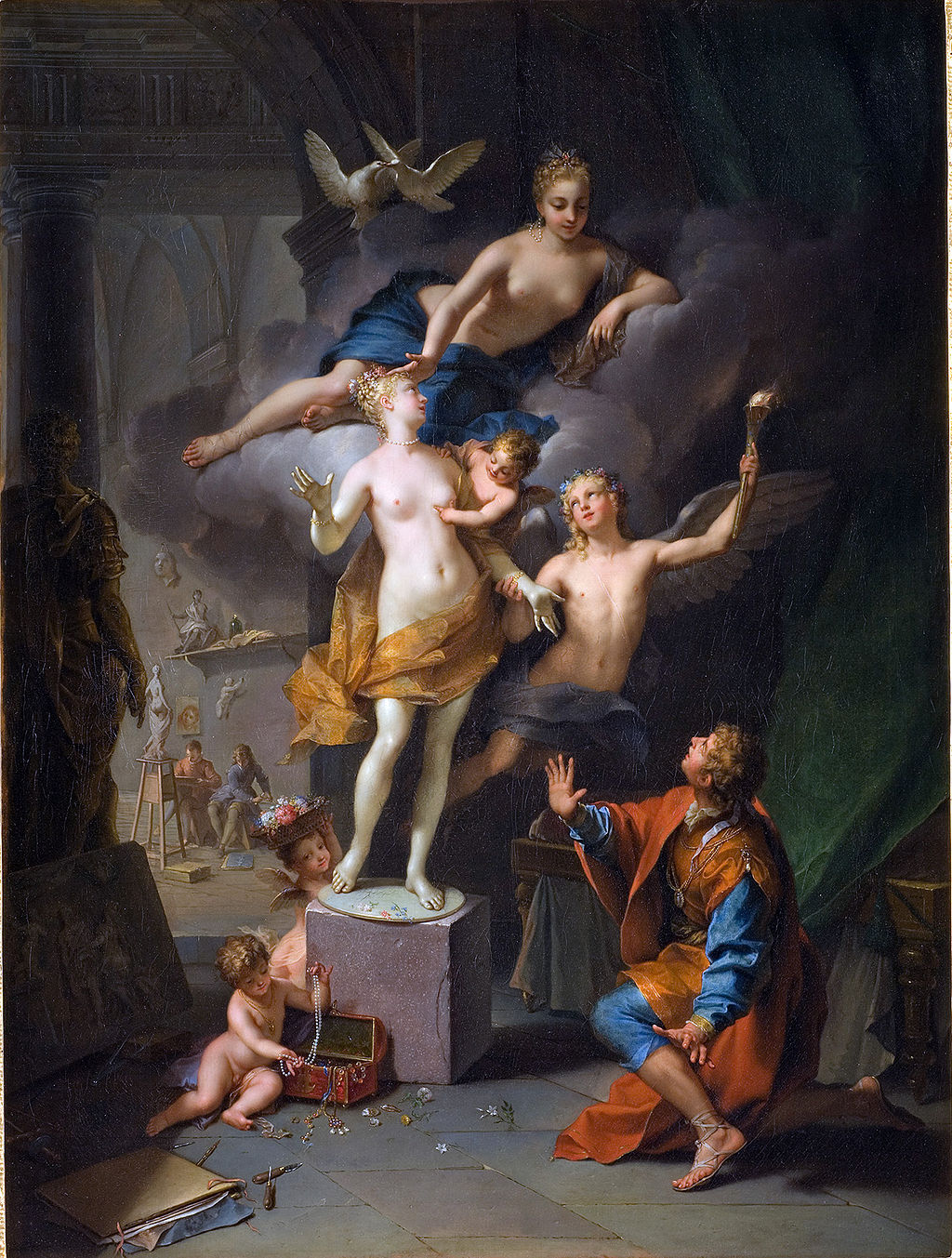 Photograph of the painting “Pygmalion Adoring His Statue” by Jean Raoux (1717).