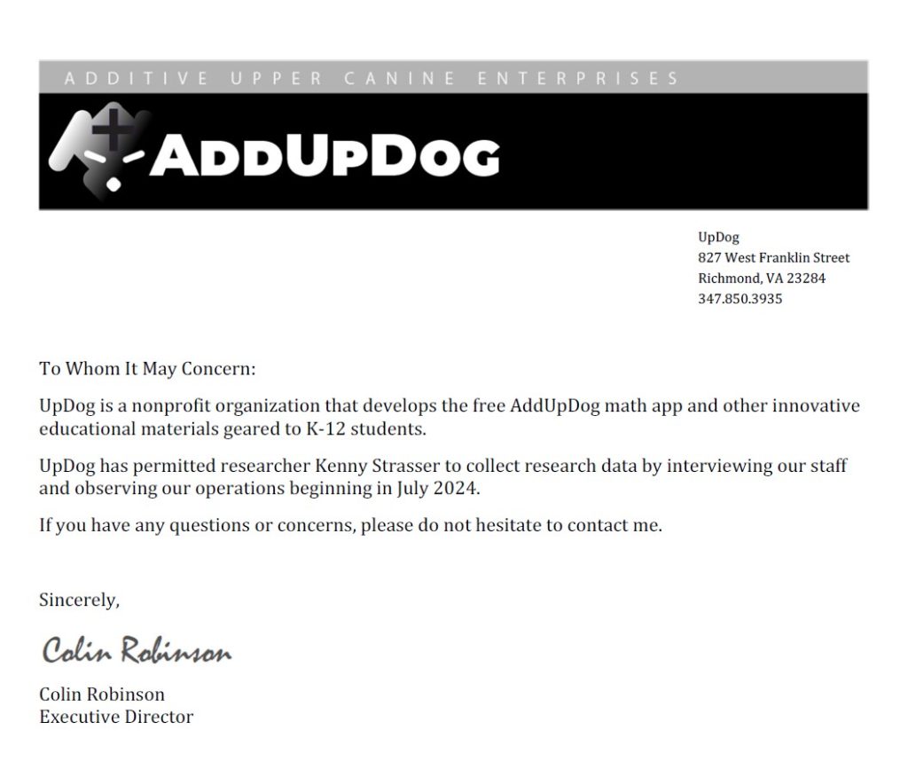 Letter from UpDog stating that a researcher has permission to study this nonprofit organization.