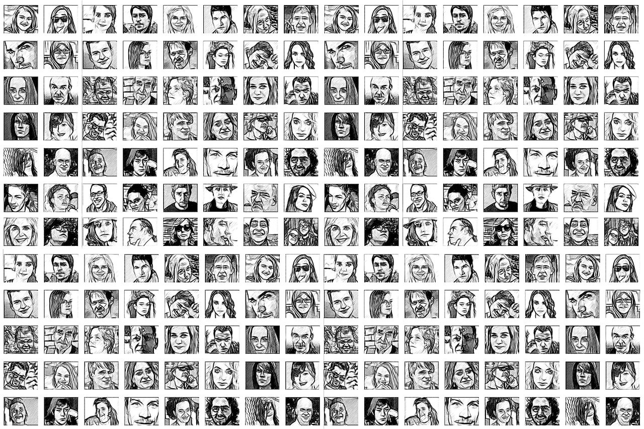 Black-and-white photomontage with many people’s faces.