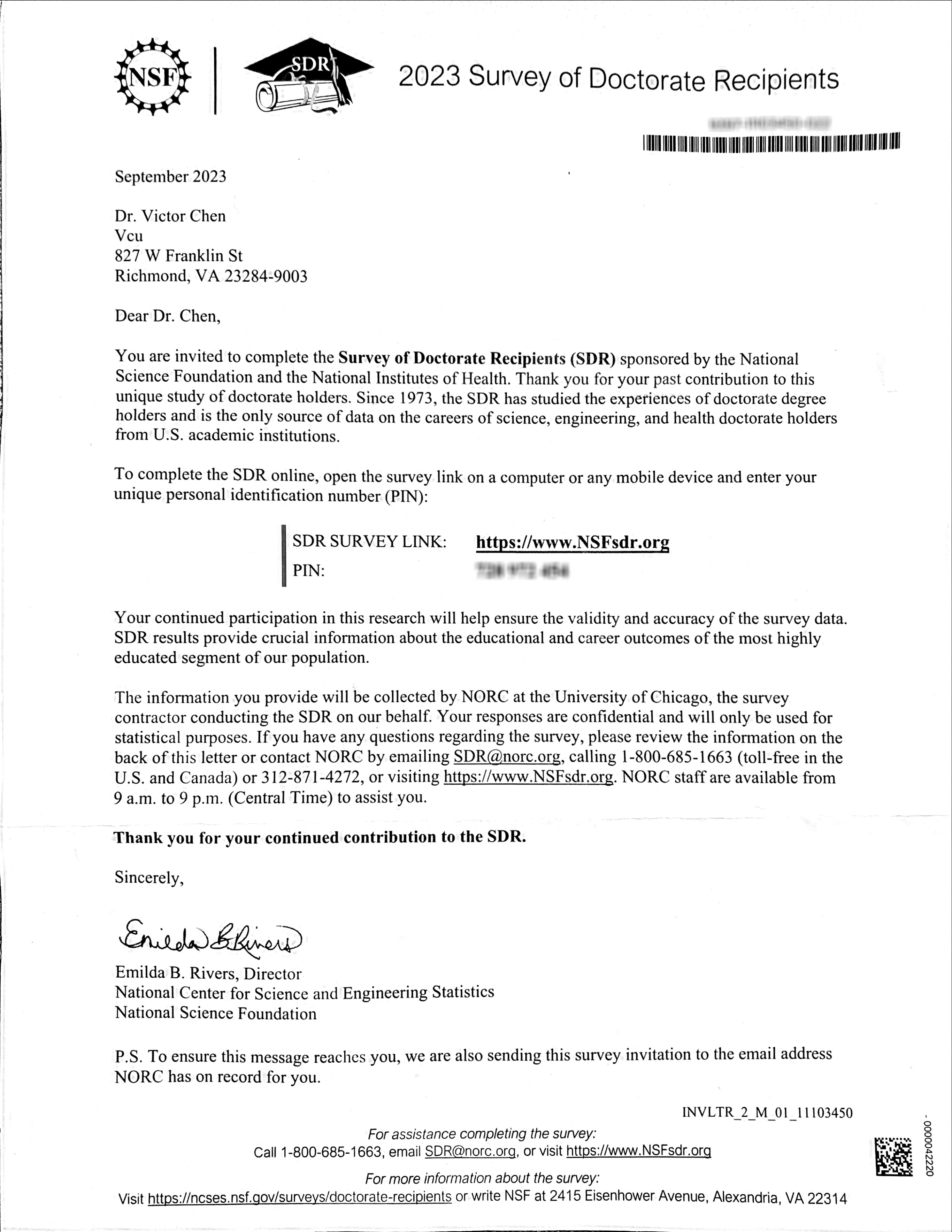 Letter from the NSF and NIH inviting the recipient to go to a link to complete the online survey of U.S. doctorate recipients.