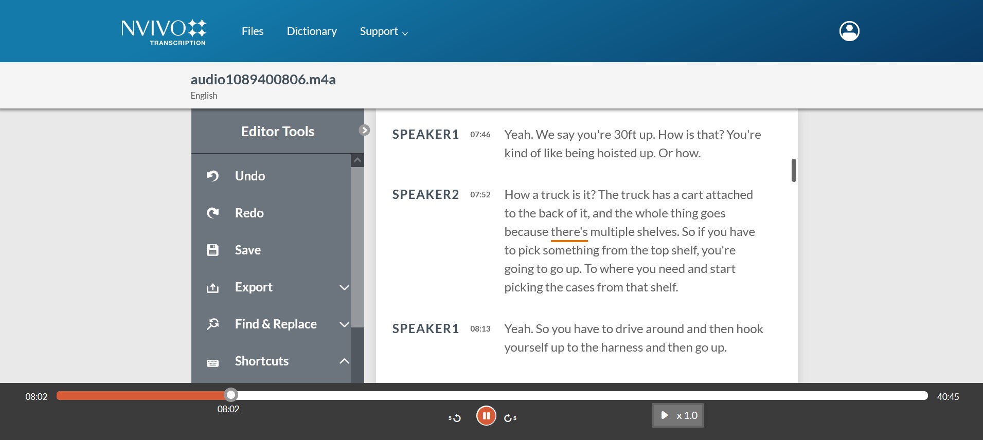 Screenshot of NVivo transcription of an interview audio file with two speakers.