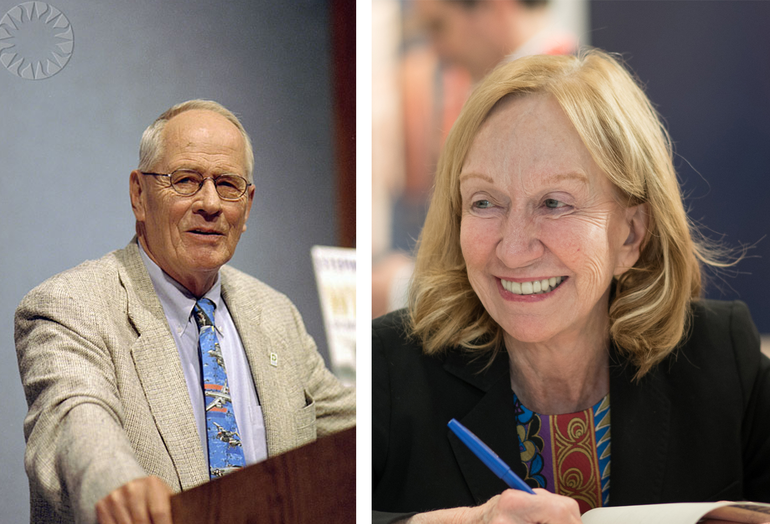 From left to right: Stephen E. Ambrose at a lectern; Doris Kearns Goodwin holding a pen and smiling.