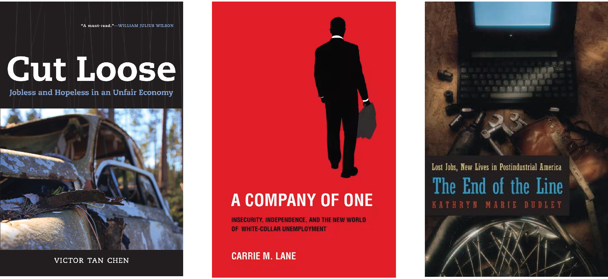 Book covers of Cut Loose, A Company of One, and The End of the Line.