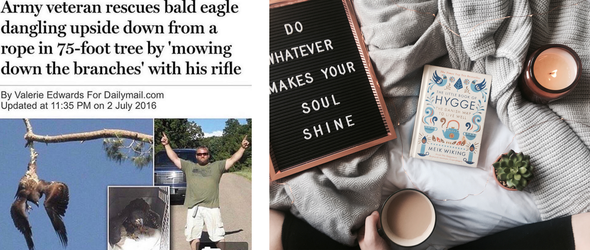 On the left: screenshot of Daily Mail article about an American Army veteran who “rescue[d] bald eagle dangling upside down from a rope in 75-foot tree by ‘mowing down the branches’ with his rifle”; on the right: photo of a book about hygge alongside a candle, coffee mug, a sign that reads “Do whatever makes your soul shine.”