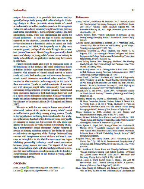 Pages 11 and 12 of the article “Why Are Fewer Young Adults Having Casual Sex” (South and Lei 2021).