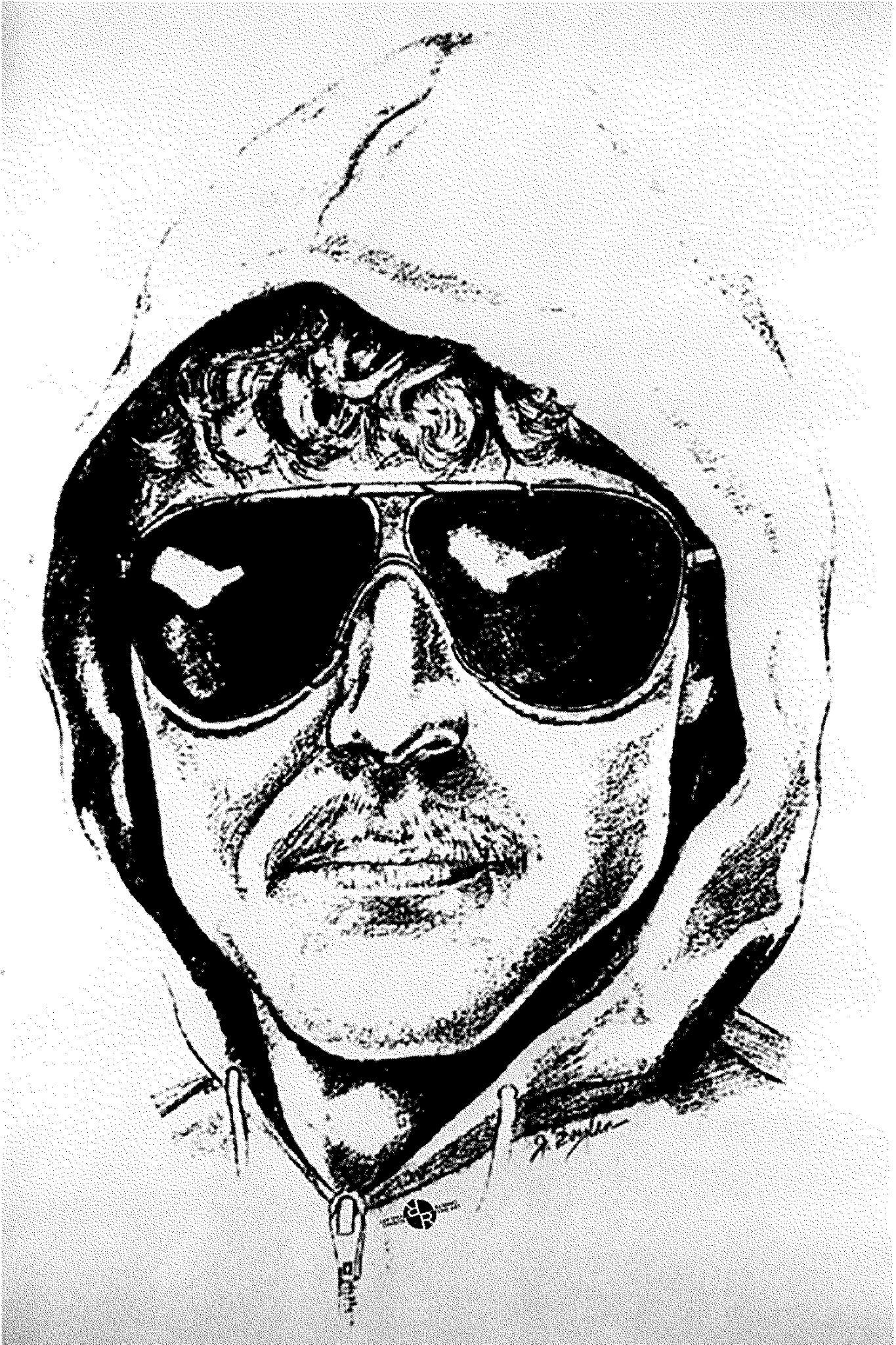 Sketch of the Unabomber, Ted Kaczynski, wearing a hoodie and aviator sunglasses.