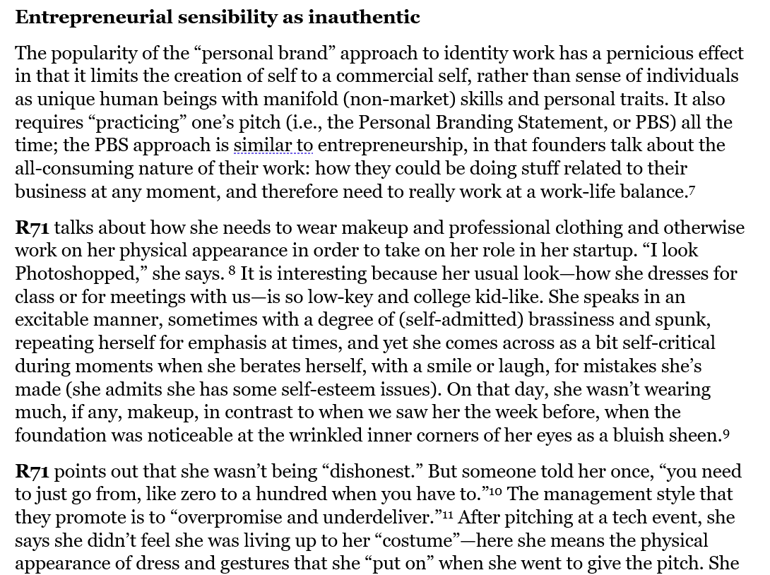 Screenshot of a section of a coding memo titled “Entrepreneurial sensibility as inauthentic.”