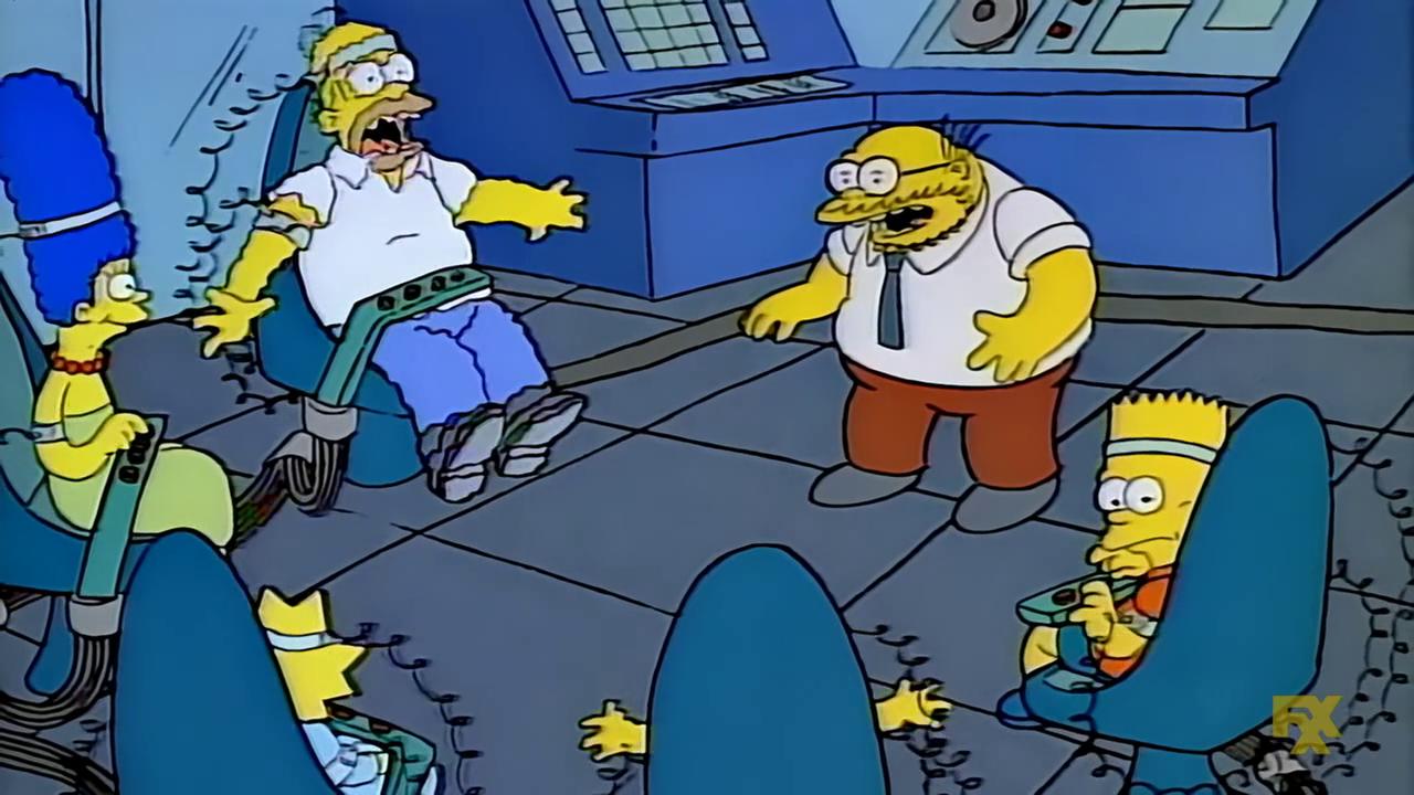 Simpson family shocking each other while strapped into chairs.