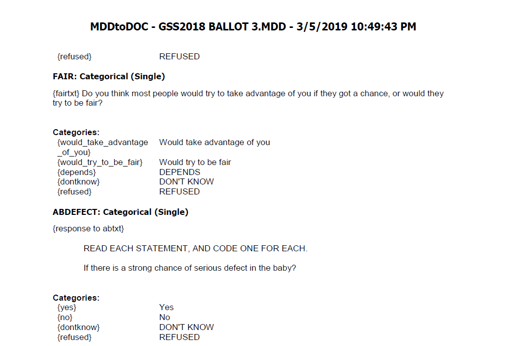 Screenshot of a page of the GSS codebook listing information about the ABDEFECT variable.