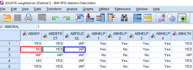 Screenshot of SPSS Data View showing the (now-labeled) responses for a number of variables.