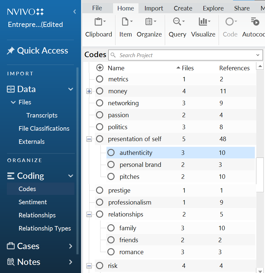 Screenshot of a list of codes (including nested codes) in NVivo.