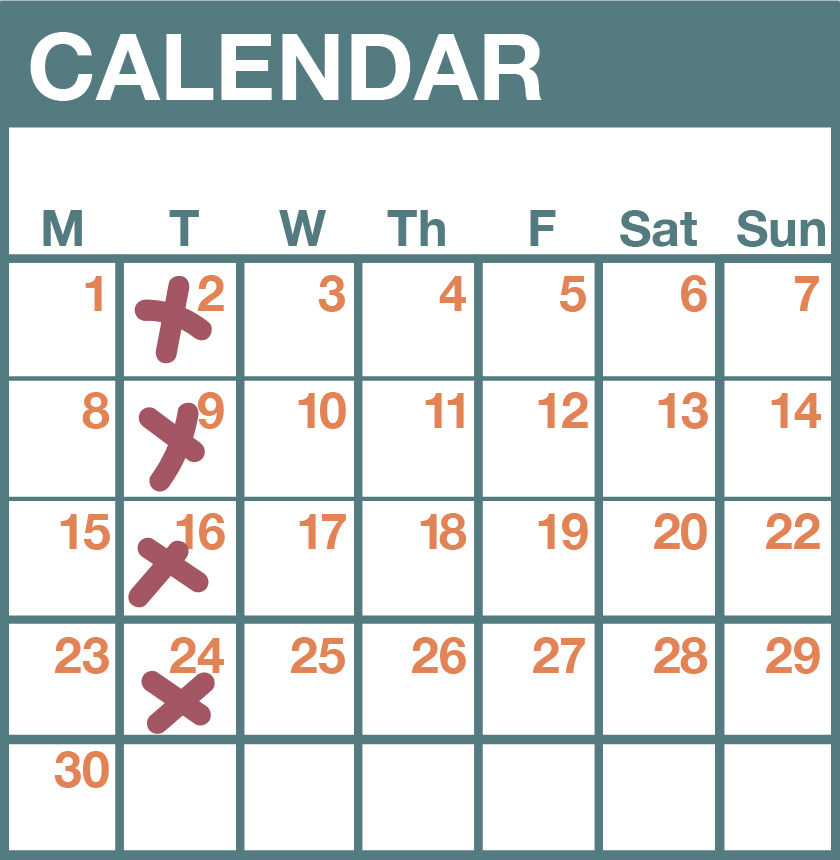 A calendar for a month in which every seventh day—every Tuesday—is marked.
