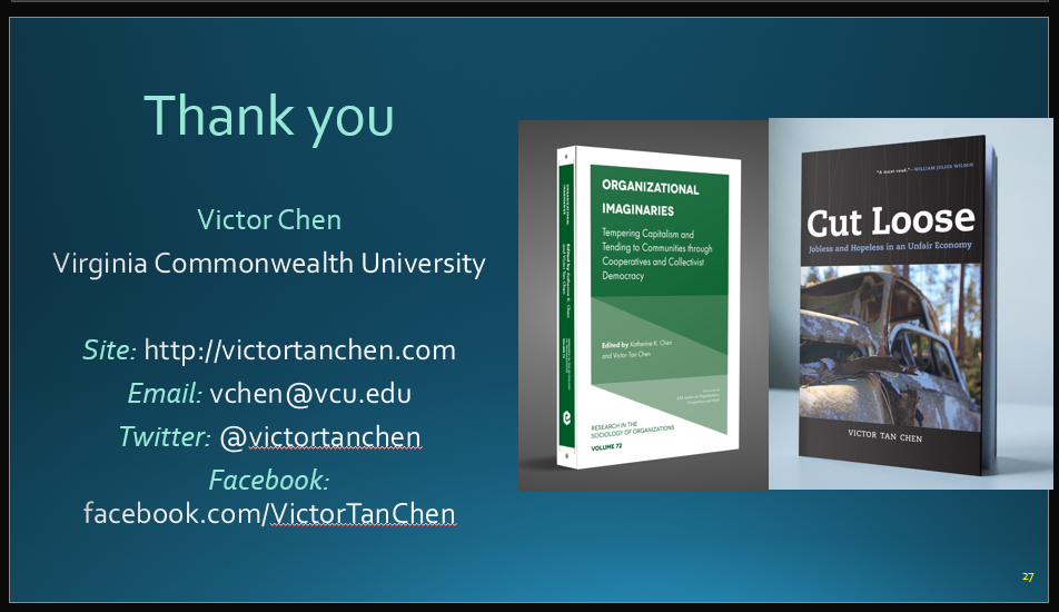 “Thank you” slide with Victor Chen’s contact information and pictures of his books.