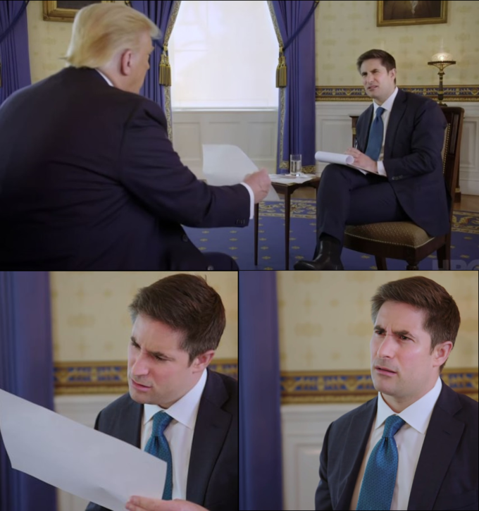 Meme template for Axios reporter Jonathan Swan’s interview with President Donald Trump.