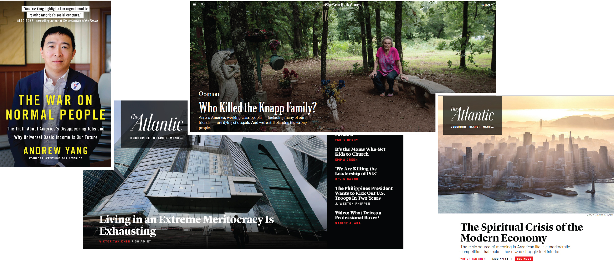 Articles and books that mentioned Victor Chen’s scholarly work: Nicholas Kristof and Sheryl WuDunn, “Who Killed the Knapp Family?” New York Times, January 9, 2020; Andrew Yang, “The War on Normal People: The Truth about America’s Disappearing Jobs and Why Universal Basic Income Is Our Future” (Hachette Books, 2018); Victor Tan Chen, “The Spiritual Crisis of the Modern Economy,” The Atlantic, December 21, 2016; Victor Tan Chen, “Living in an Extreme Meritocracy Is Exhausting,” The Atlantic, October 26, 2016.
