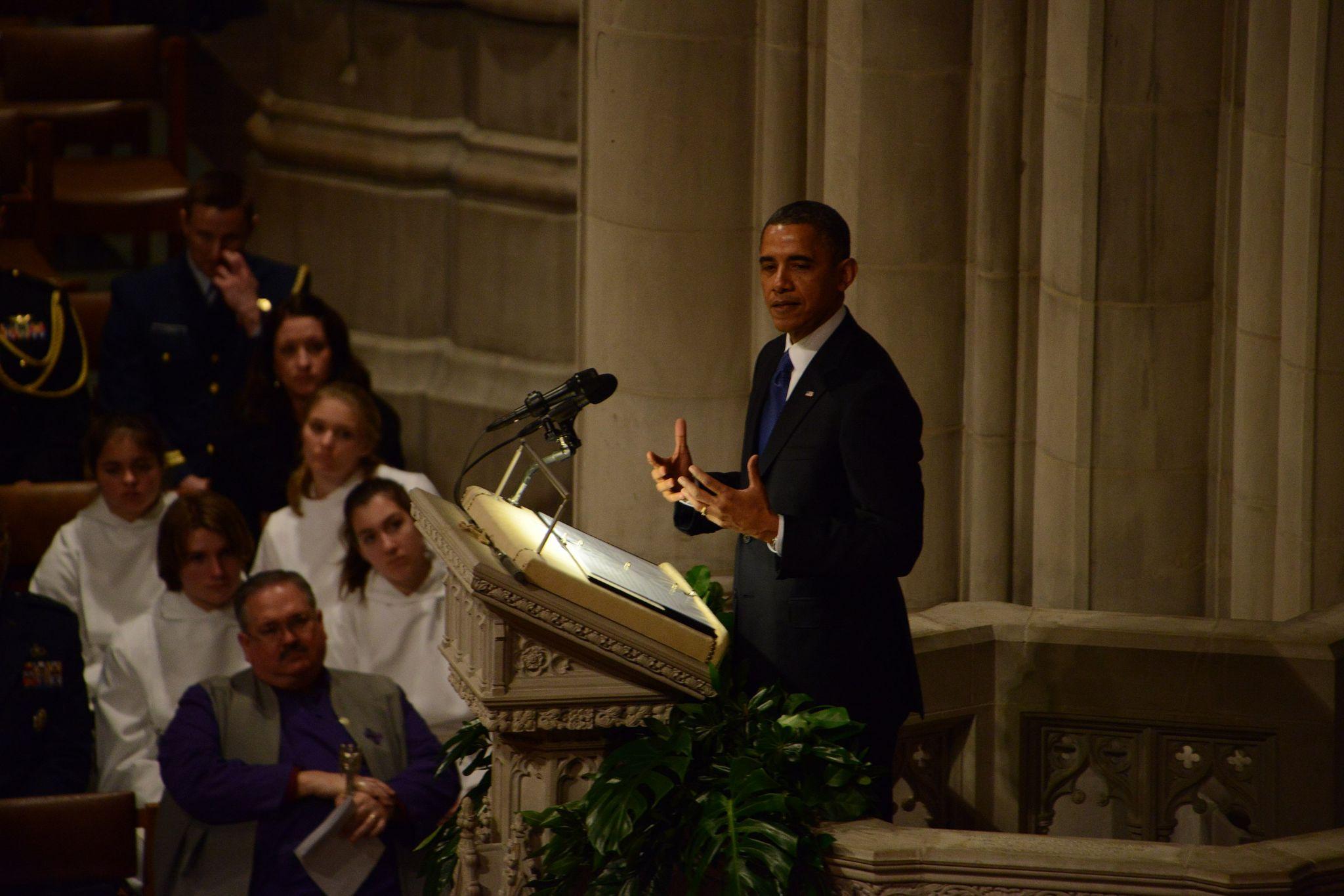President Obama giving a eulogy for U.S. senator Daniel Inouye at the Washington National Cathedral on December 21, 2012.