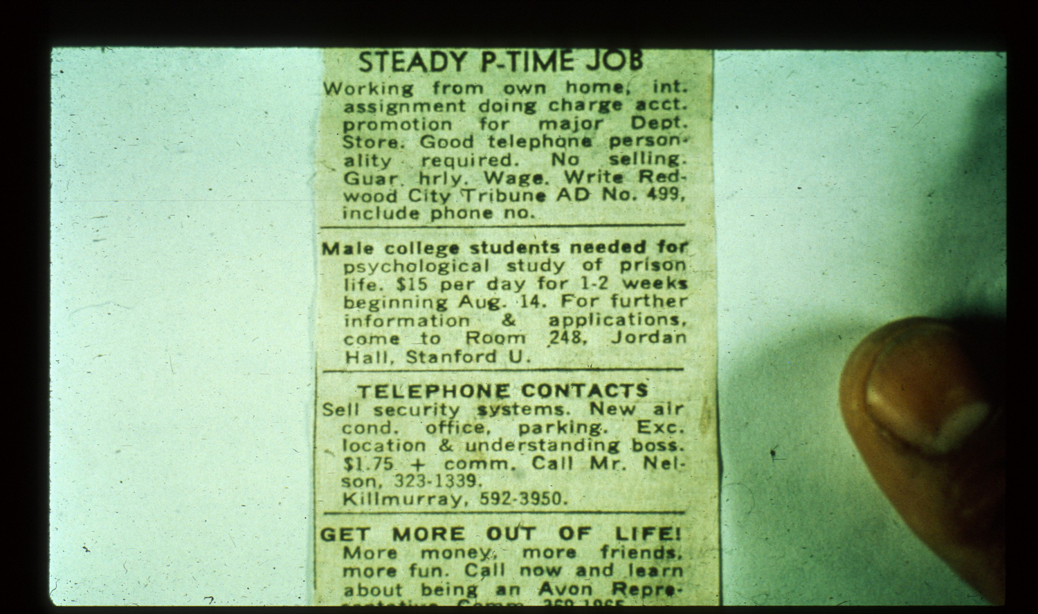 Clipping of a newspaper ad asking for study participants in the Stanford Prison Experiment.