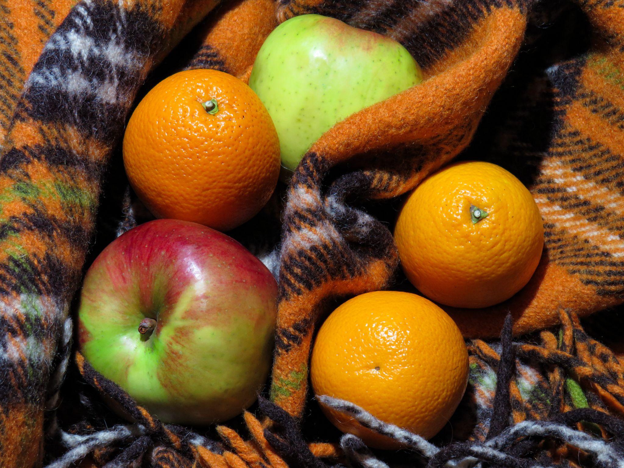 Photograph of apples and oranges on top of a plaid fabric.