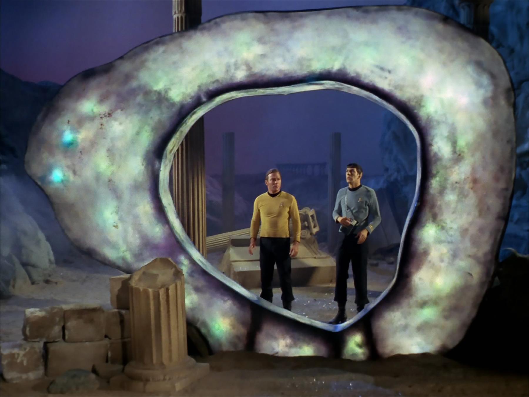 Star Trek’s Captain Kirk and First Officer Spock in front of a portal to an alternative timeline in the episode “The City on the Edge of Forever.”