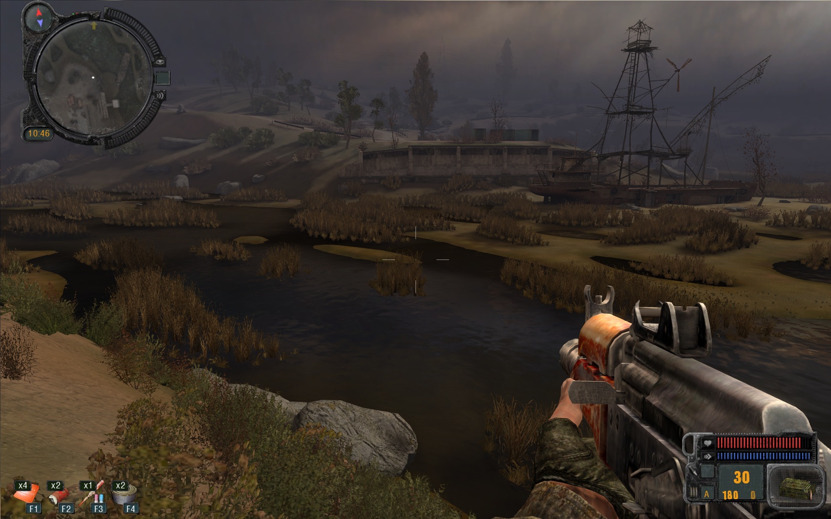 Screenshot of the game “S.T.A.L.K.E.R.: Call of Pripyat” showing the player holding an automatic weapon