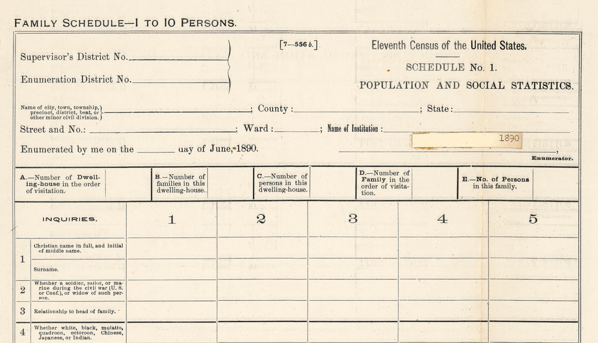 Excerpt from 1890 Census form with a question that asks whether each person in the household is “white, black, mulatto, quadroon, octoroon, Chinese, Japanese, or Indian.”