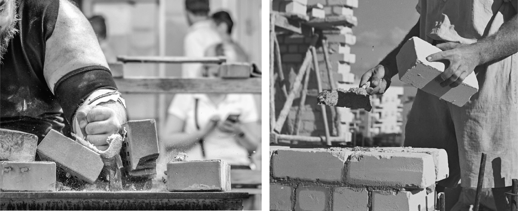 Two side-by-side photos of a worker smashing a collection of bricks (on the left) and another worker stacking them to build a wall (on the right).