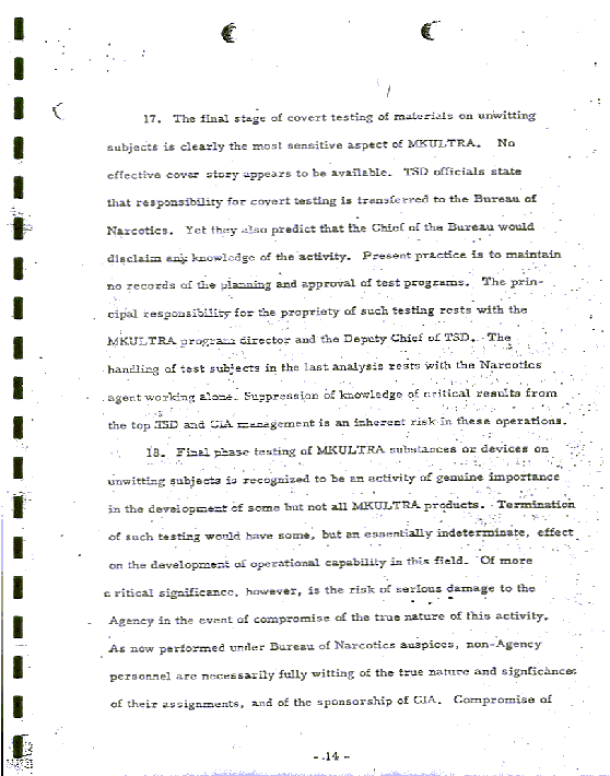 Scanned document discussing experiments being done on “unwitting subjects.”