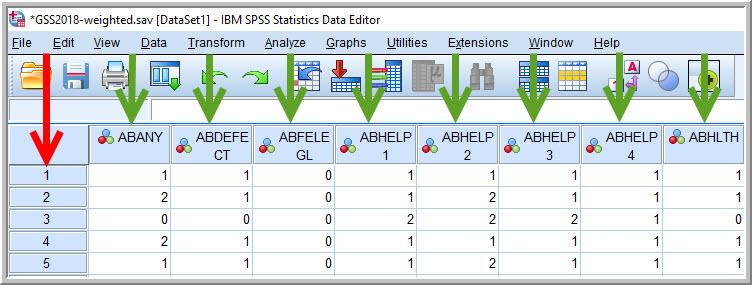 Screenshot of the Data View window of SPSS, open to the GSS 2018 dataset.
