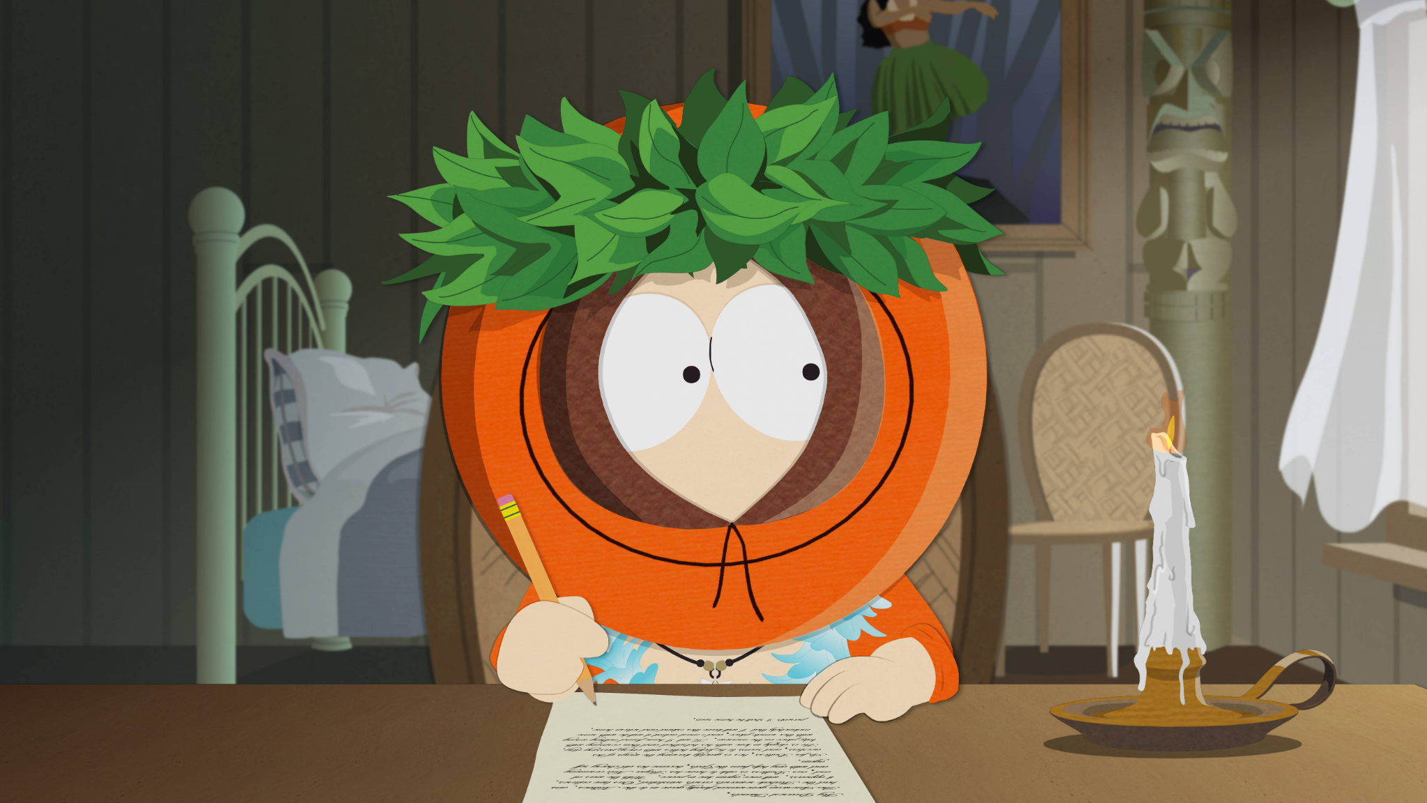 South Park character Kenny wearing a garland on his head in the episode “Going Native.”