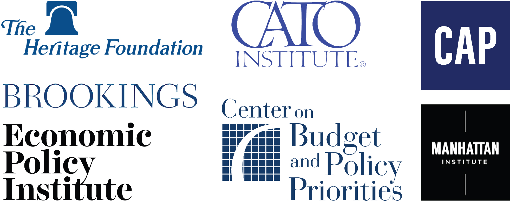 Collage of logos from think tanks: Heritage Foundation, Manhattan Institute, Cato Institute, Brookings Institution, Center for American Progress, Center of Budget and Policy Priorities, and Economic Policy Institute.