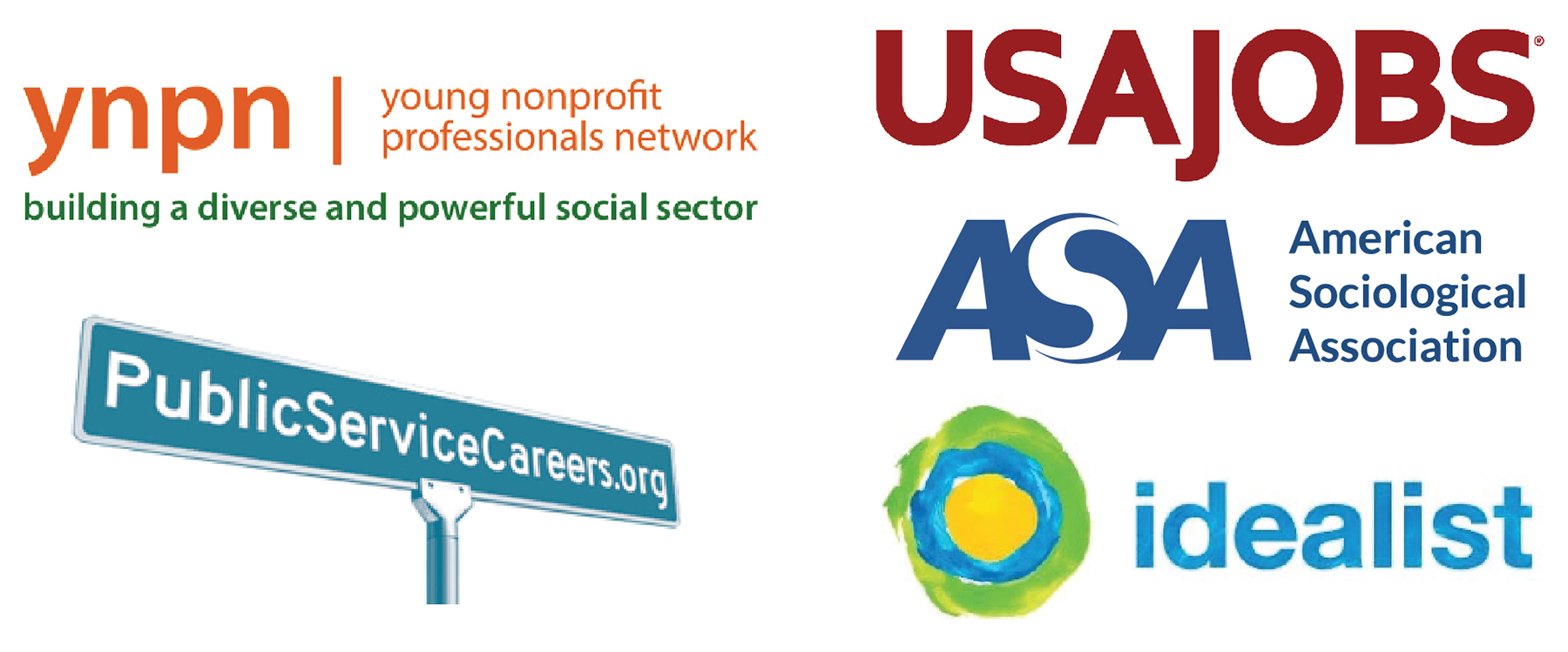 Collage of logos from job banks: Young Nonprofit Professionals Network, PublicServiceCareers.org, USAJobs, Idealist.org, and the ASA.