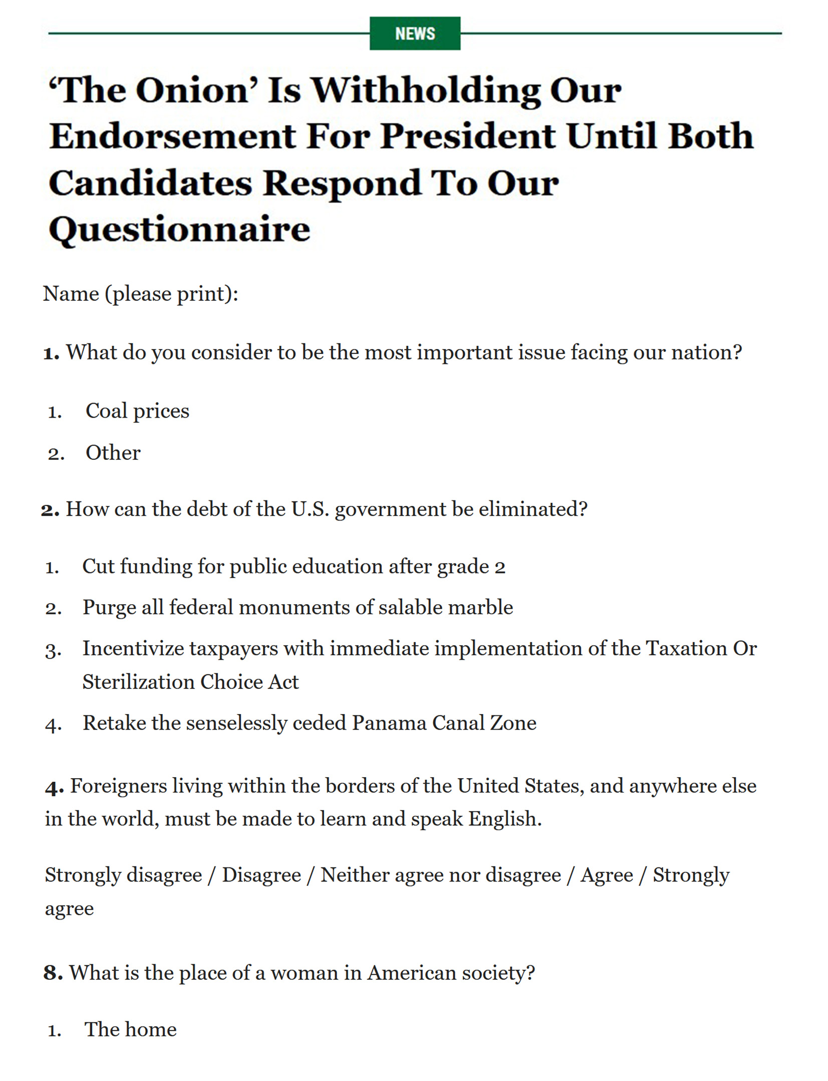 Four questions with response options, including Question 1 (“What do you consider to be the most important issue facing our nation?” Answers: “1. Coal prices,” “2. Other”) and Question 8 (“What is the place of a woman in American society?” Answer: “1. The home”).