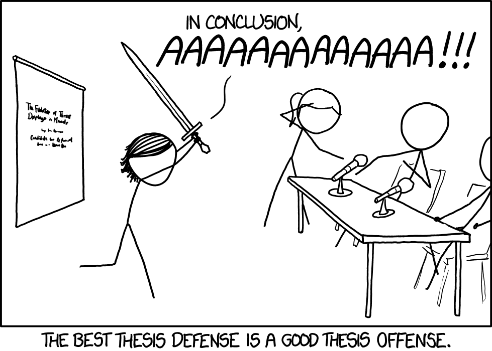 Stick figure attacking their thesis committee with a sword alongside this text: “The best thesis defense is a good thesis offense”