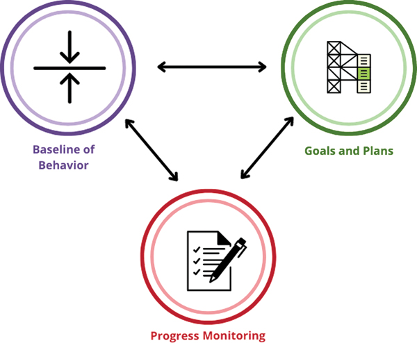 A three-part cycle includes baseline of behavior, goals and plans, and progress monitoring. Bidirectional arrows connect the cycles.