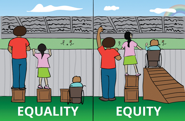 A comparison of equality and equity is depicted by three people watching a sports game from behind a tall fence.