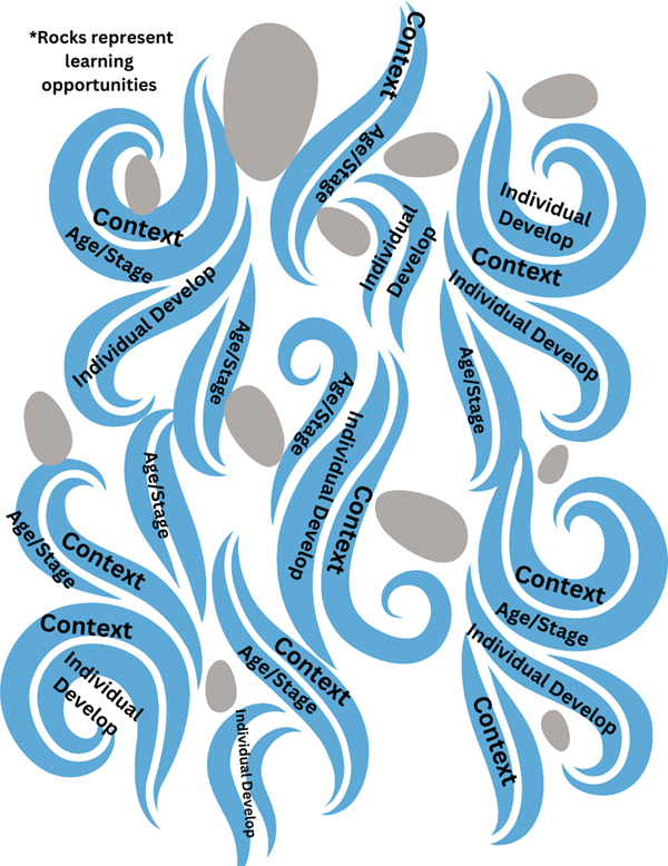 Swirls of blue water flow downward around gray rocks. On the swirls of water are written Context, Age and Stage, and Individual Development, indicating the cascading influences on development. The gray rocks represent learning opportunities.
