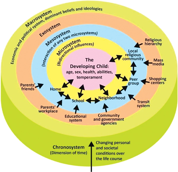 Bronfenbrenner's ecological systems theory is shown as concentric layers surrounding the central circle representing the developing child.