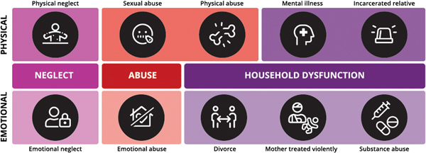 A chart lists different forms of trauma, both physical and emotional. Neglect includes physical and emotional neglect. Abuse includes sexual abuse, physical abuse, and emotional abuse. Household dysfunction includes mental illness, incarcerated relative, divorce, mother treated violently, and substance abuse.